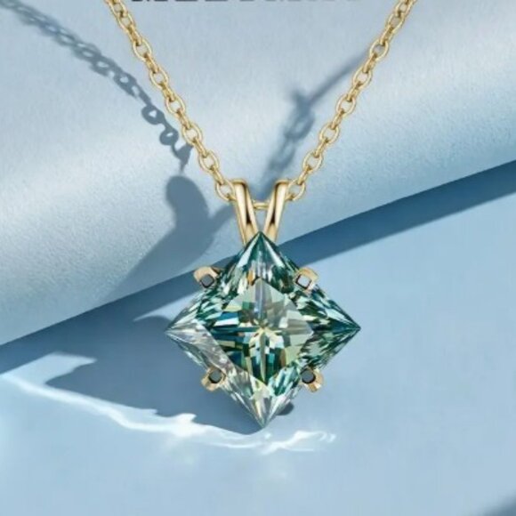 Cyan Moissanite Diamond Princess Cut Necklace NEW - Picture 1 of 6